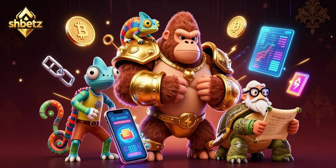 Engage with shbetz and experience thrilling casino adventures in an electrifying 3D scene of characters and crypto elements.