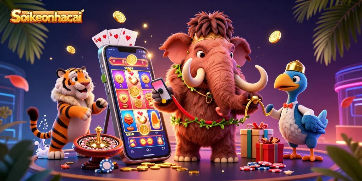 Experience the energetic world of soikeonhacai with a vibrant casino scene featuring unique characters and gaming elements.