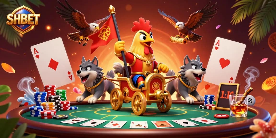 Engage with SHBET's thrilling gaming adventure featuring a rooster warlord and vibrant poker elements.