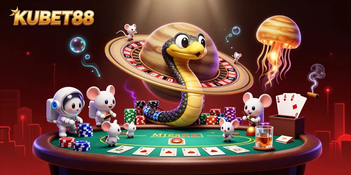 KUBET88's thrilling atmosphere is depicted with astronauts betting on a cosmic roulette wheel amid vibrant casino elements.