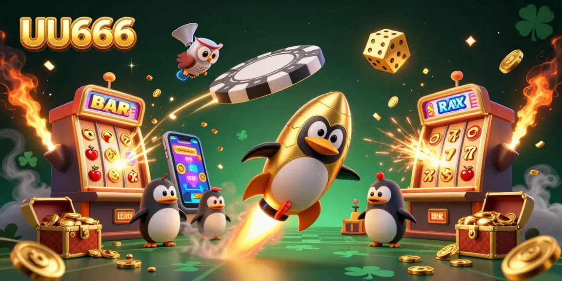 UU666 brings excitement to the cosmic gaming scene with a golden penguin racing toward a jackpot-filled casino.