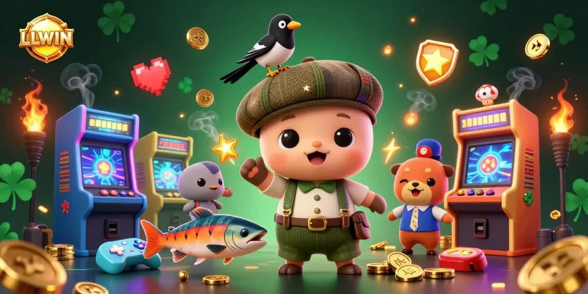 Experience thrills with LLWIN in this vibrant 3D casino scene featuring playful characters and dynamic game elements.