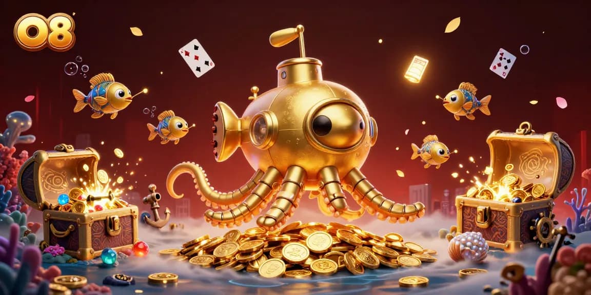 Experience O8's thrilling adventure with a golden kraken submarine and mechanical fish in a treasure-filled underwater world.