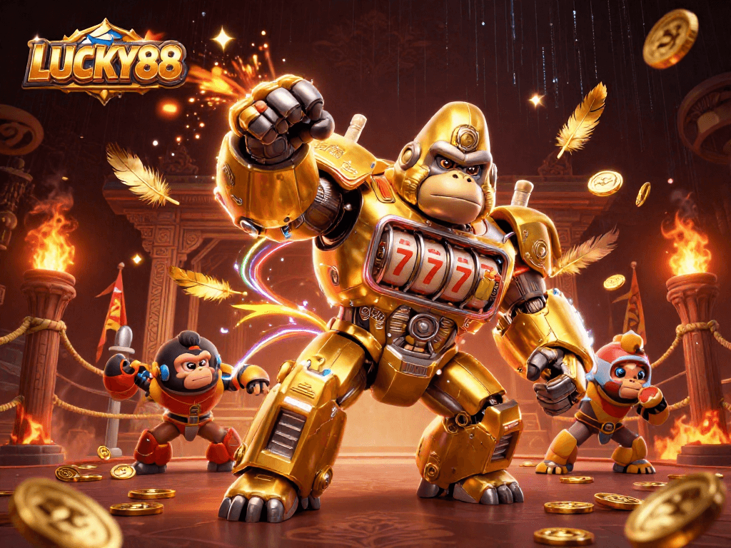 Engage with LUCKY88 in this vibrant 3D casino scene featuring a golden gorilla mech and dazzling elements.