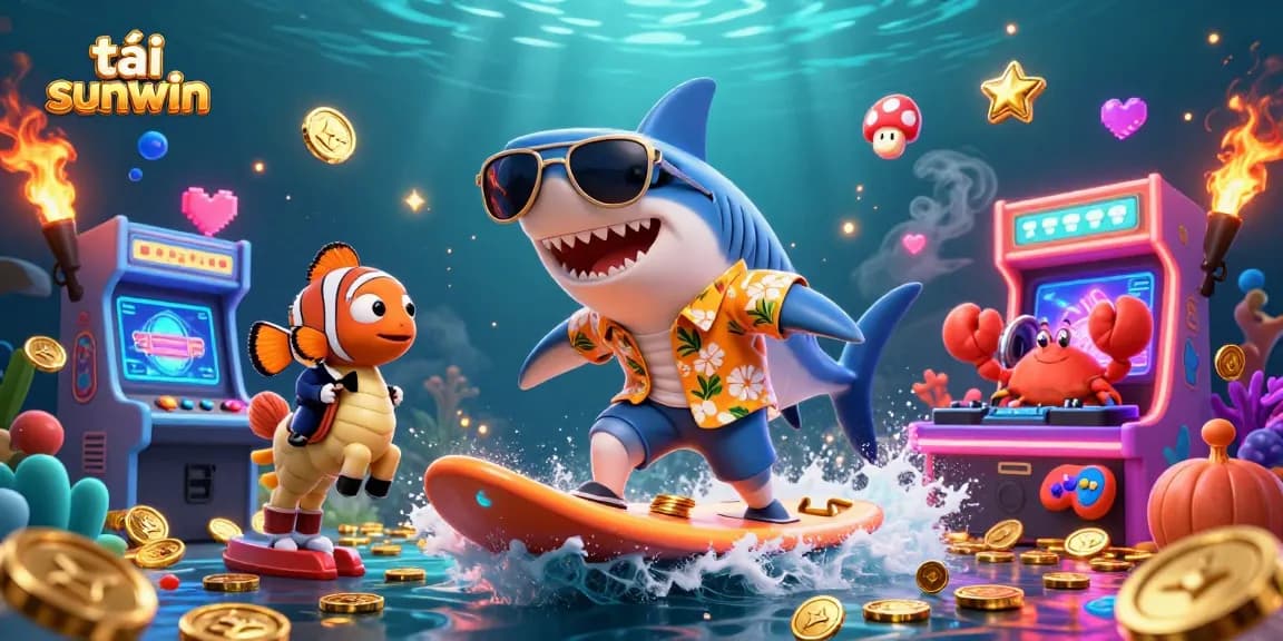 Play and win with tải sunwin as a shark surfs on gold coins amidst arcade excitement.