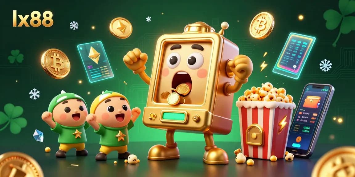 Experience thrilling wins at lx88 with a colorful jackpot scene featuring animated slot machines and vibrant crypto elements.