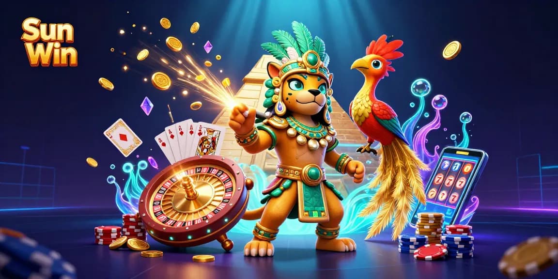 Spin and win at Sun Win with vibrant 3D casino action including a jaguar priest, coins, and slot reels