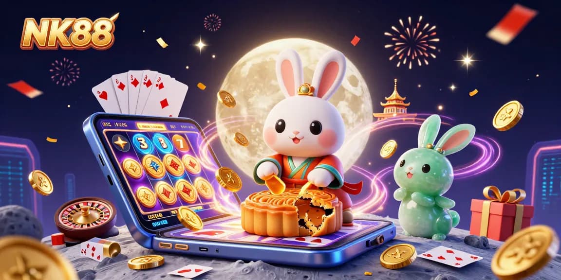 Experience thrilling gaming at NK88 with vibrant slots, poker chips, and festive casino atmosphere.