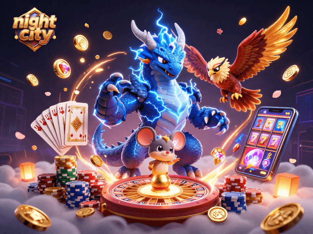 Experience the thrilling night city atmosphere with vibrant casino elements and dynamic characters.