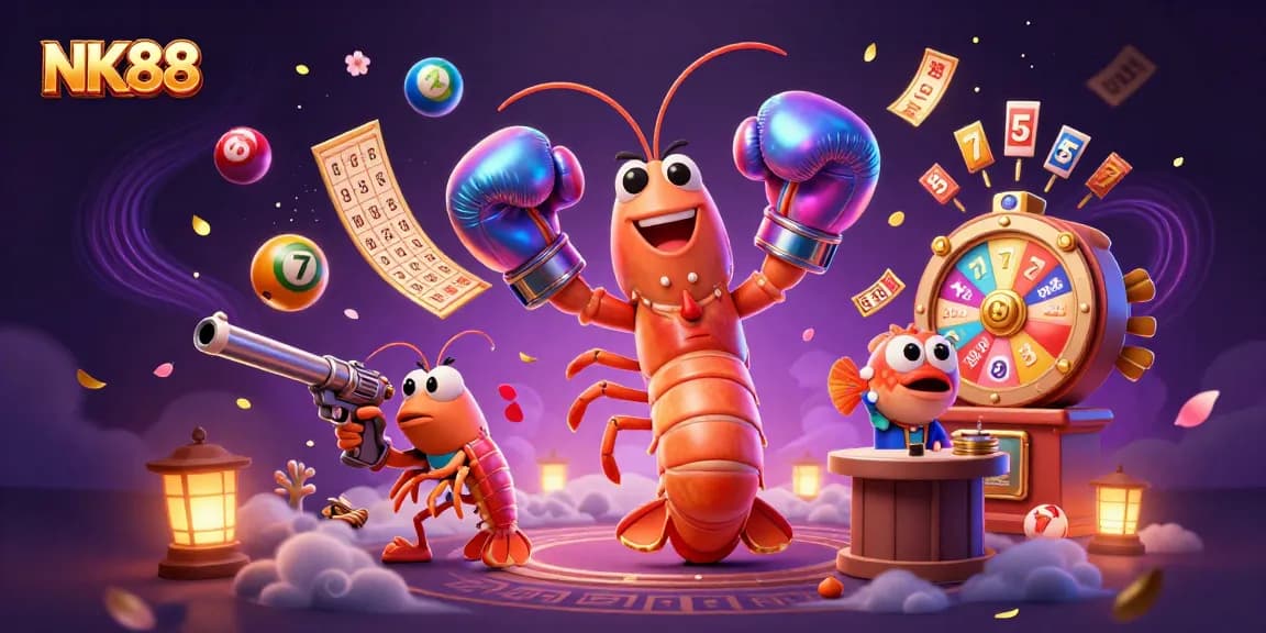 Experience excitement with NK88's 3D casino scene featuring vibrant lottery elements and engaging characters