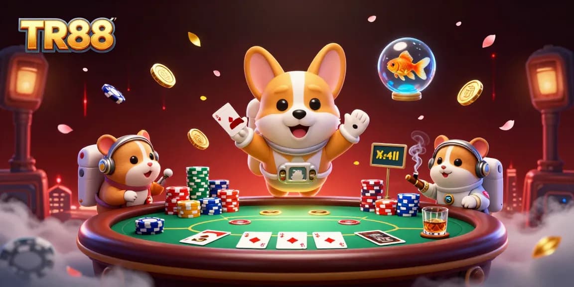 Engage in the cosmic thrill of TR88’s casino with a playful astronaut corgi and vibrant chips!