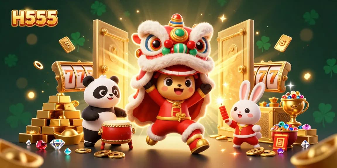 Experience H555 thrilling slots with enchanting characters amidst golden treasures in a vibrant casino illustration.