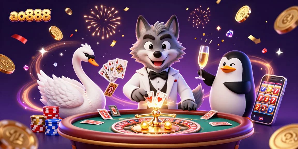 Experience thrilling baccarat at ao888 with a charming wolf, swan dealer, and stylish penguin sommelier.