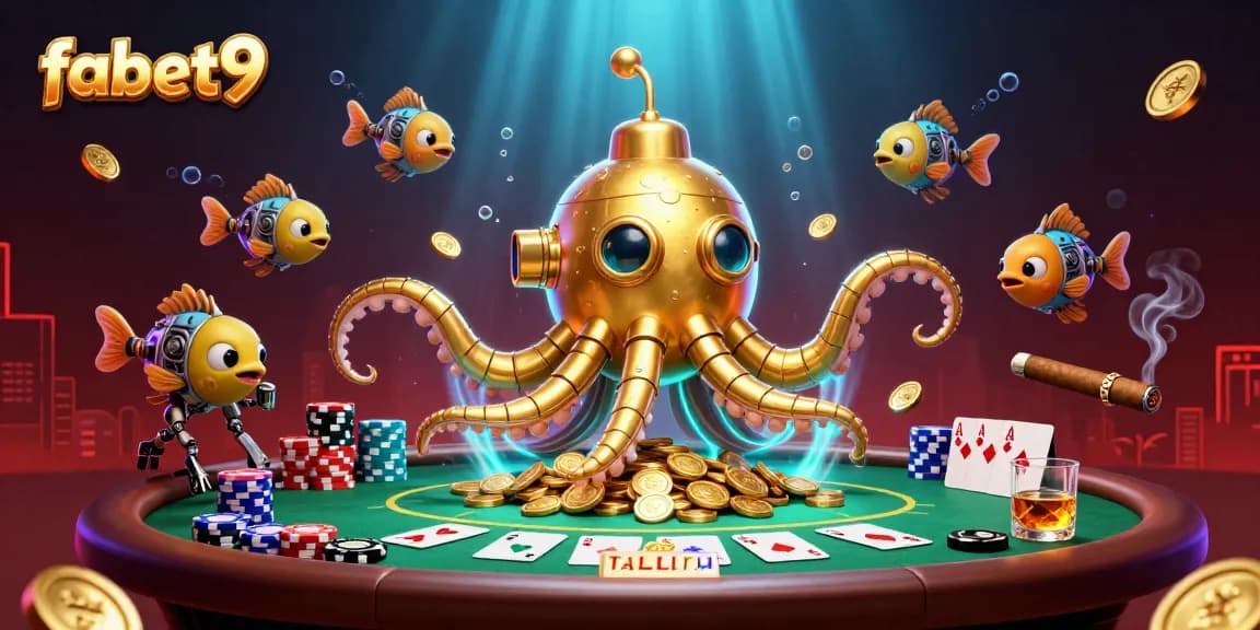 Experience thrill with fabet9's golden kraken submarine and vibrant poker elements.