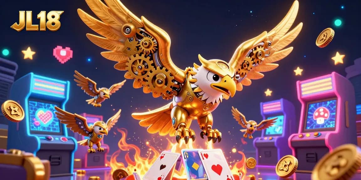 Experience thrilling gameplay at JL18, with a vibrant 3D scene showcasing a golden eagle amidst a cascade of holographic cards.
