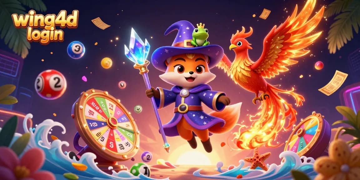 Engage in thrilling games with wing4d login featuring a mystical wizard, phoenix, and colorful lottery elements.