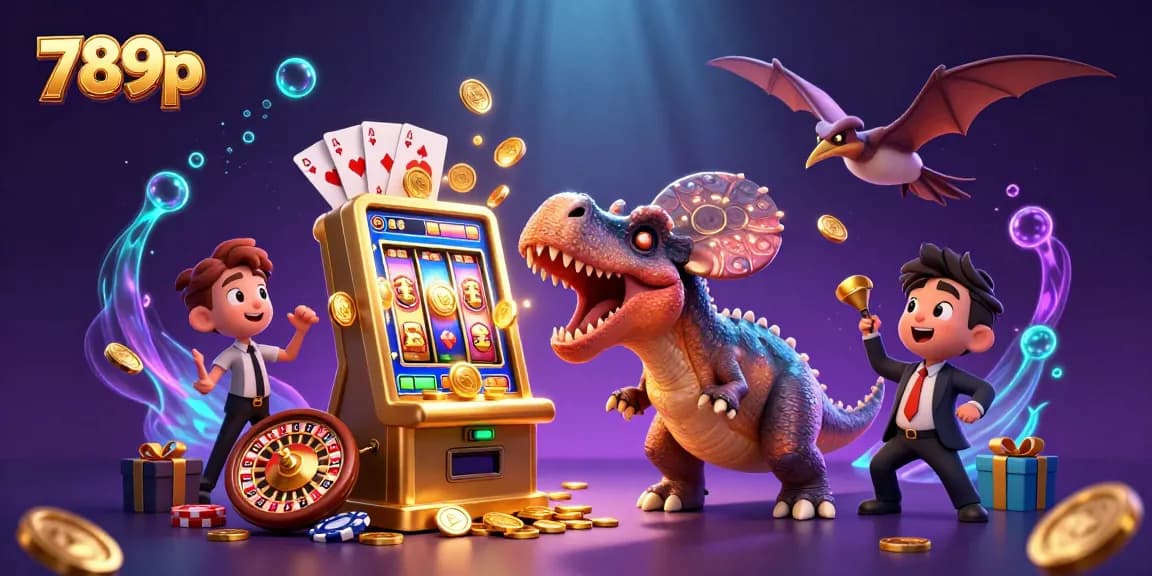 Win big with 789p by spinning golden slot reels alongside dynamic cartoon dinosaurs in a vibrant casino