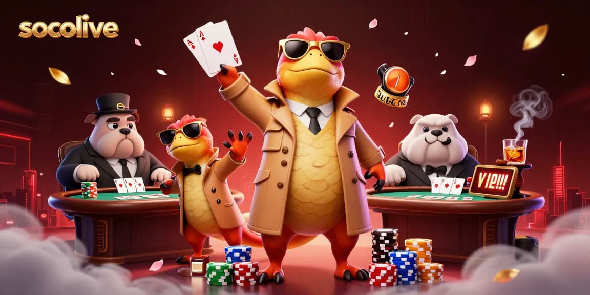 Socolive's vibrant illustration showcases raptors in a trench coat engaging with a bulldog bouncer at a poker table.