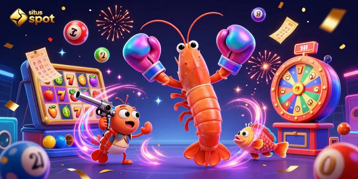 Gambarlah situs slot dengan karakter udang mantis bertinju, sambil bersenang-senang dengan bola lotere di sekitarnya.