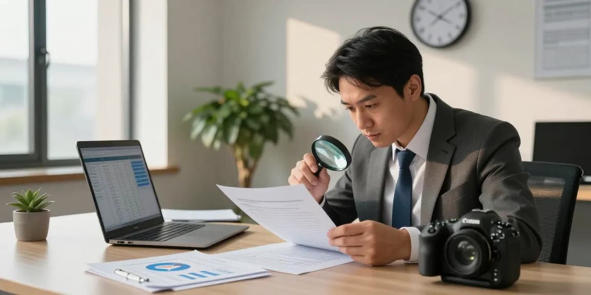 Forensic auditor analyzing financial documents at aafikotasurabaya.org office, emphasizing precision and integrity.