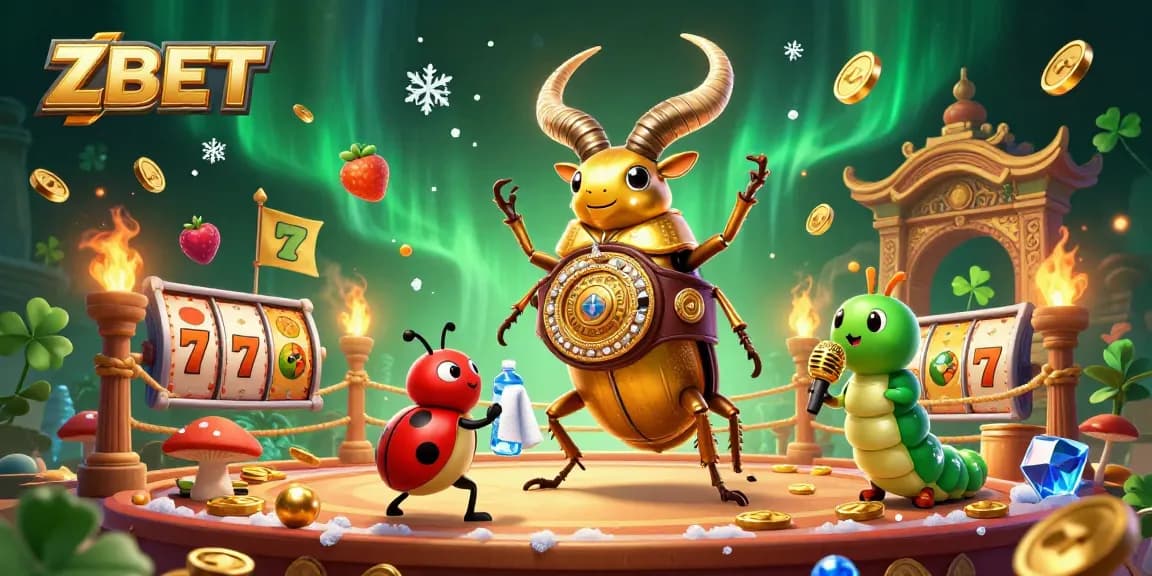 ZBET challenges come alive in a vibrant 3D boxing match with a golden stag beetle and lucky symbols.