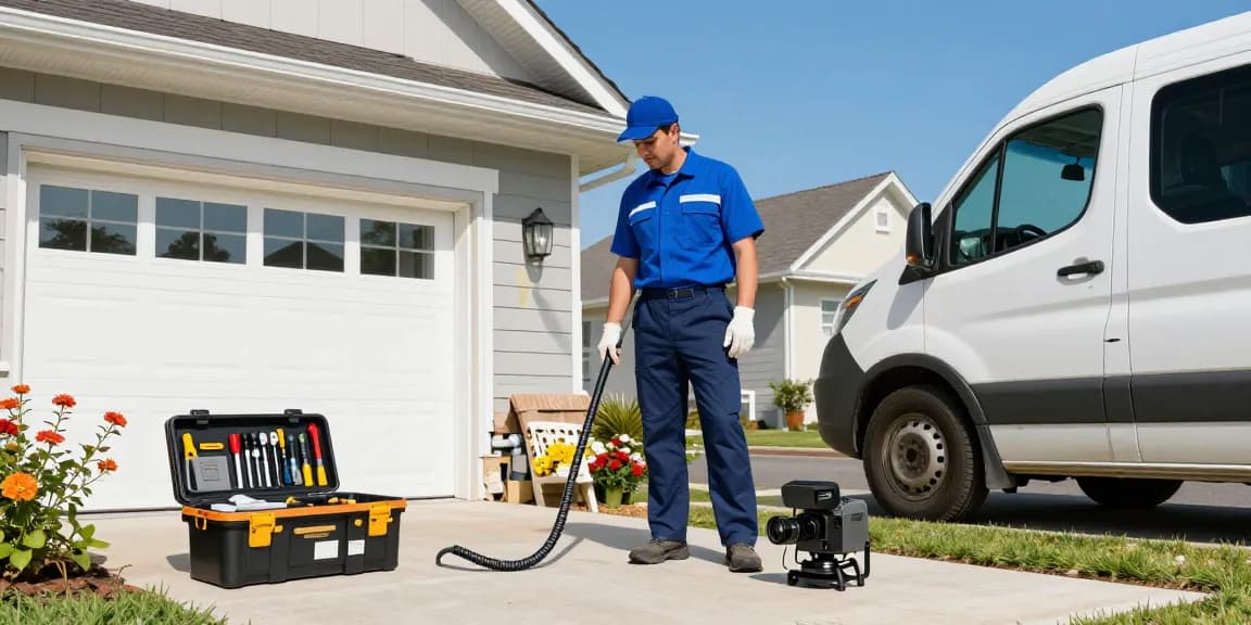 Blocked drains London service technician diagnosing a clogged drain outdoors