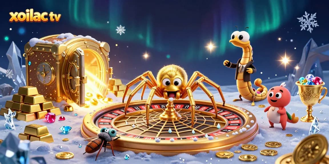 Xoilac tv showcases a vibrant 3D illustration of a golden spider and croupier amidst a casino backdrop of riches.