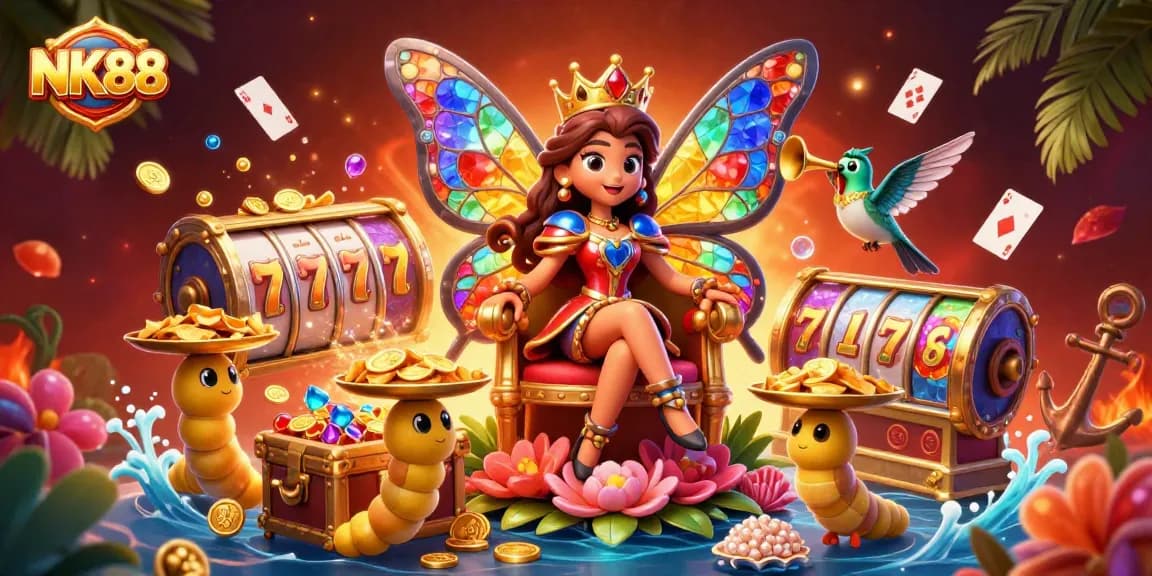 Experience an enchanting NK88 gaming scene with a vibrant queen and treasures of chance.
