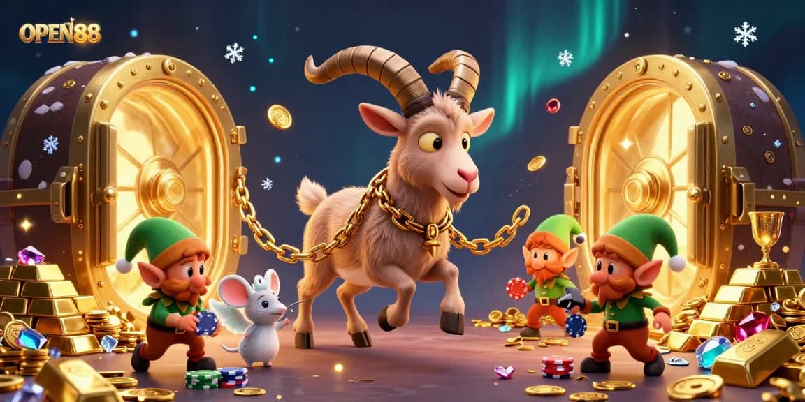 Experience thrilling moments at OPEN88 casino with festive characters in a vibrant 3D illustration.
