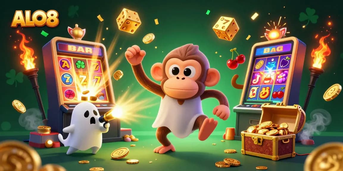 ALO8 showcases a playful poltergeist monkey juggling casino items in a vibrant gaming environment.