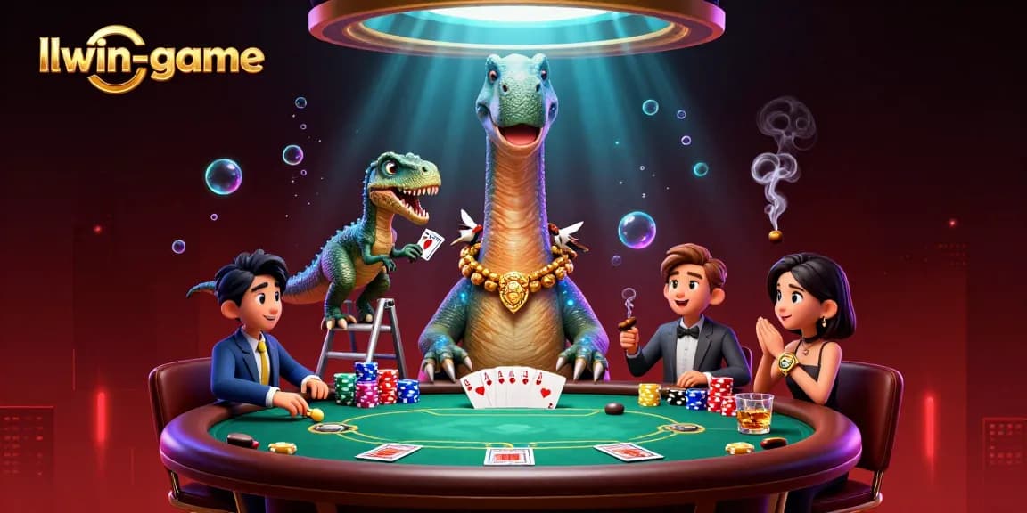 llwin-game showcases a vibrant poker scene featuring a towering brontosaurus and a clever raptor dealer.