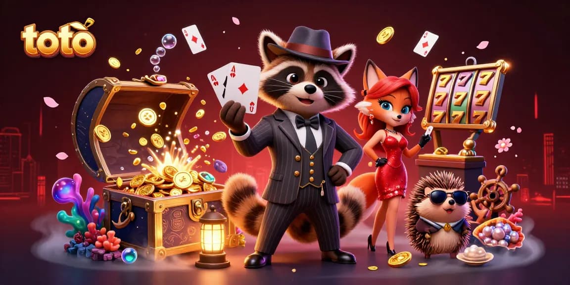 Experience thrilling casino action with toto as raccoon and fox conquer slot games in vibrant illustration.