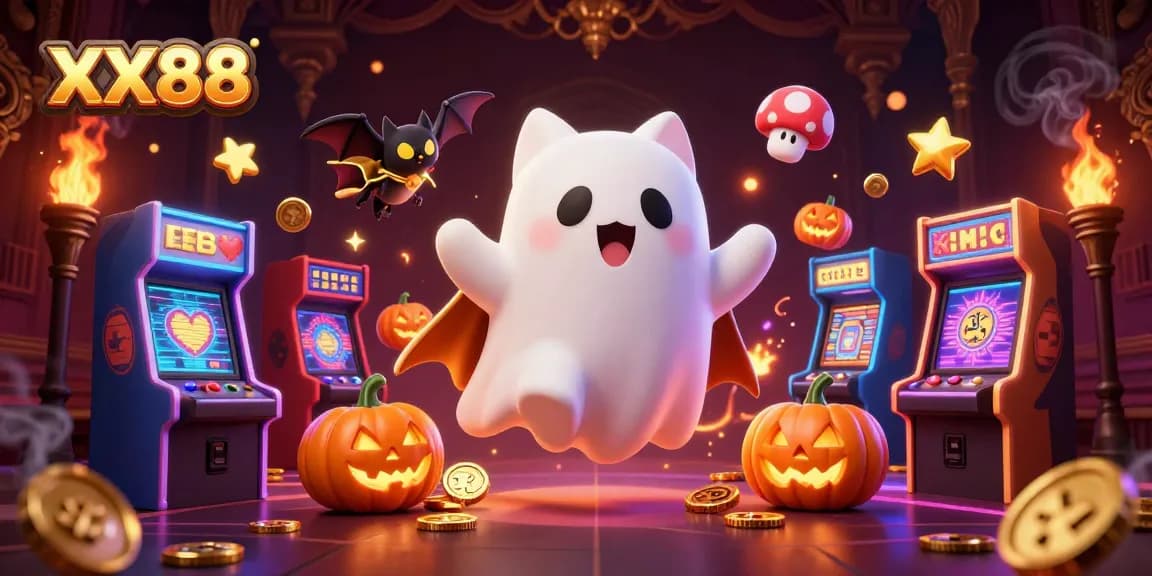 Engage with XX88 in a vibrant 3D casino scene featuring a ghost cat and bat under glowing lights.