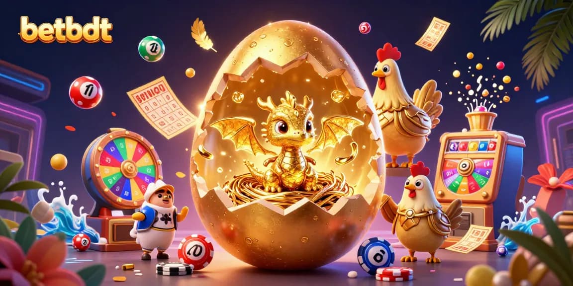 Experience the thrill of gaming with betbdt's animated 3D dragon, poker chips, and colorful lottery balls.