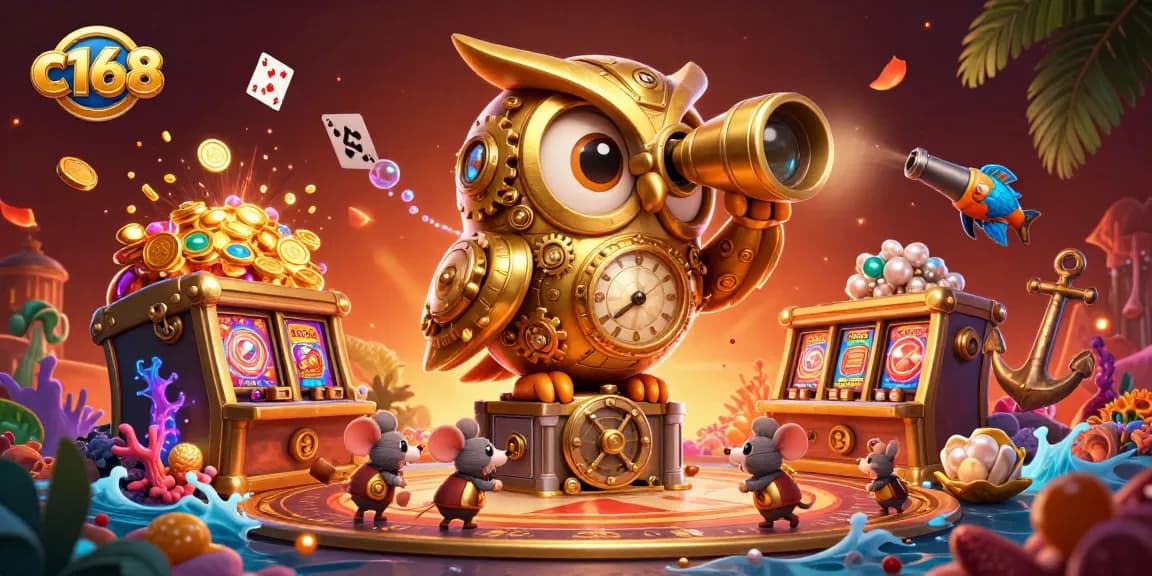 Experience thrilling casino action with c168's unique owl navigating a vibrant jackpot scene.