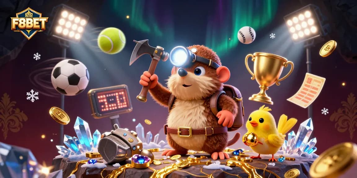 Bet with F8BET while a mole explores a treasure cave filled with gems and sports elements.