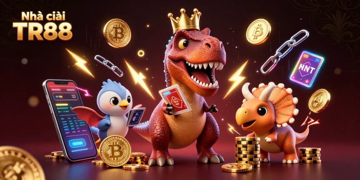 Experience the fun at Nhà cái TR88 with whimsical characters enjoying card games and stacking chips in a vibrant casino setting.