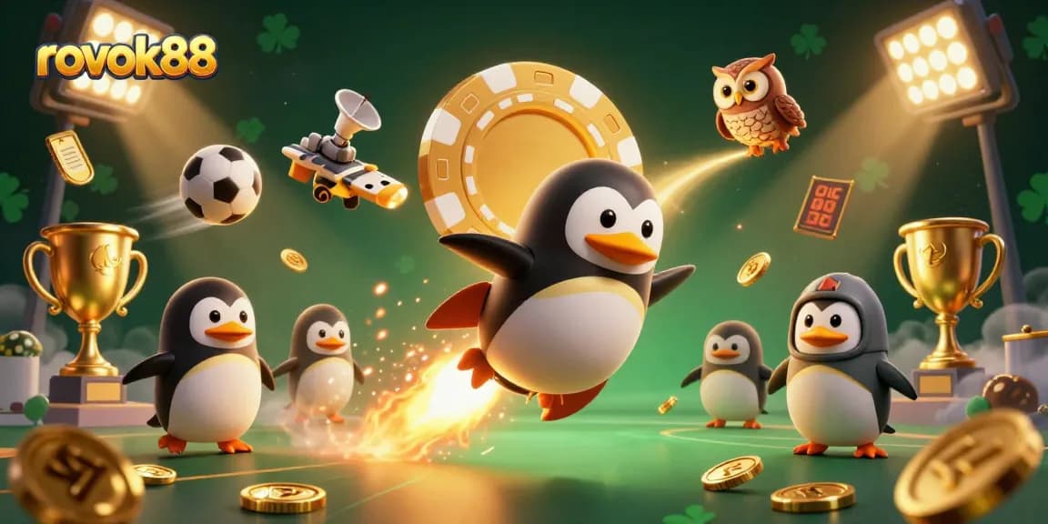 Join the excitement of rokok88 games with a golden penguin racing to a poker chip casino!