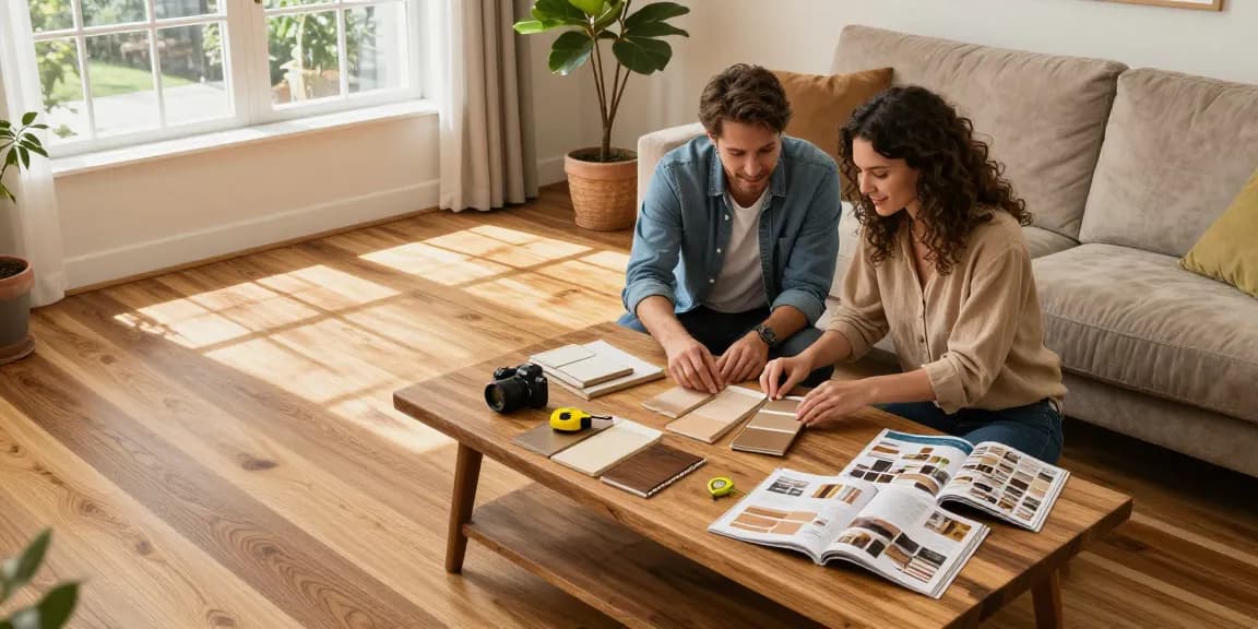 Laminate flooring experts assessing texture and style options in a modern living room with wood flooring.