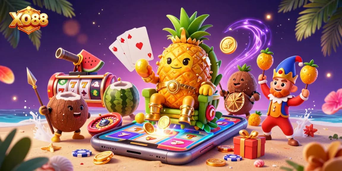 Play exciting games at XO88 with a vibrant illustration featuring a pineapple king and tropical elements.
