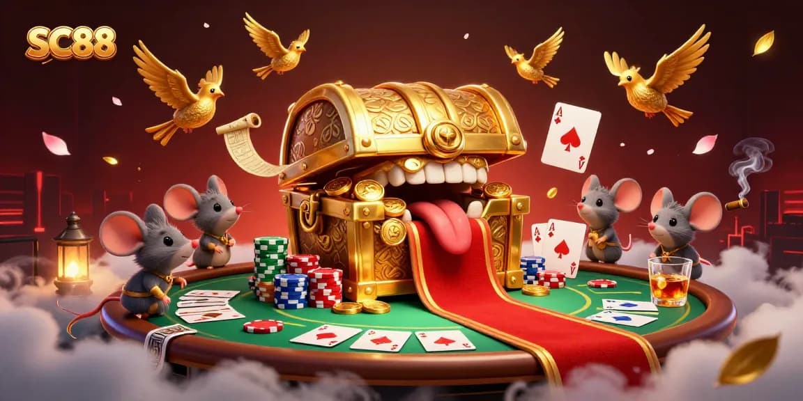 Engage with SC88 treasures in this vibrant casino scene featuring poker tables and colorful chips.