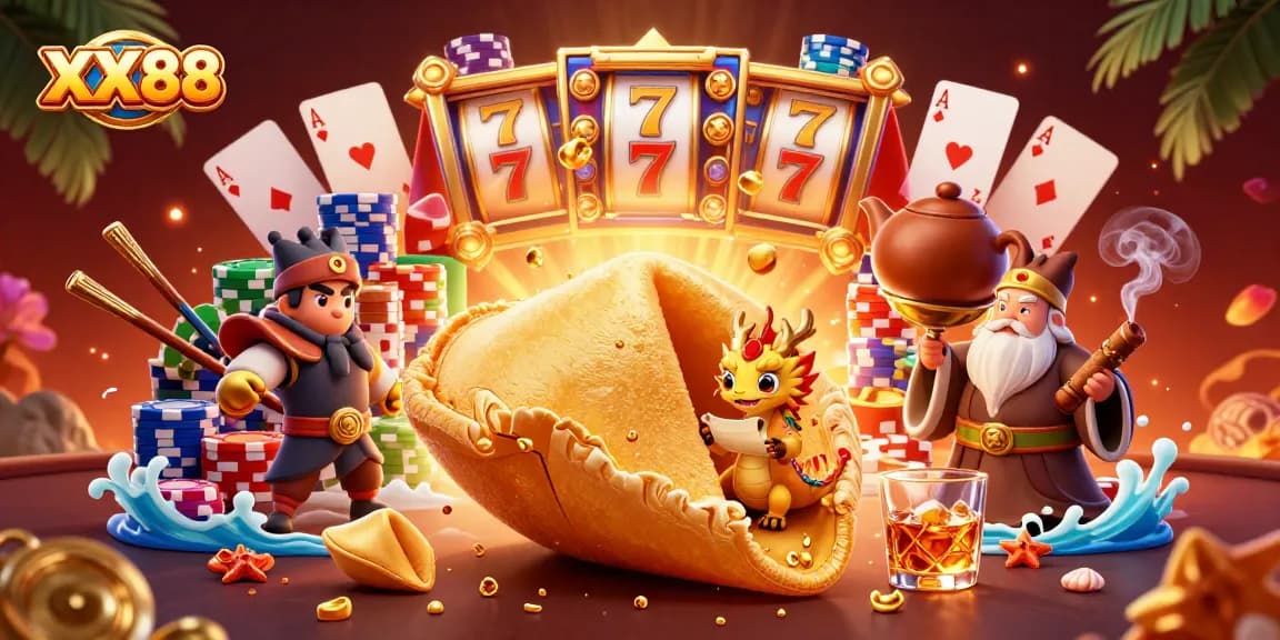 Experience thrilling wins at XX88 with an interactive scene featuring a golden fortune cookie and vibrant slot elements.