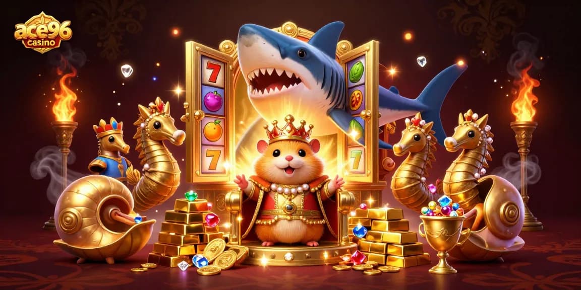 Experience excitement at ace96 casino with a vibrant 3D scene packed with iconic gaming elements.