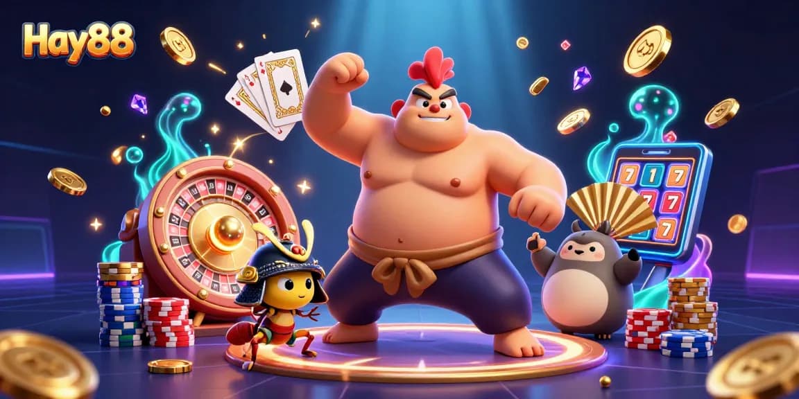 Witness the energetic Hay88 scene as a powerful sumo rooster stomps amidst spinning roulette wheels and flying coins.