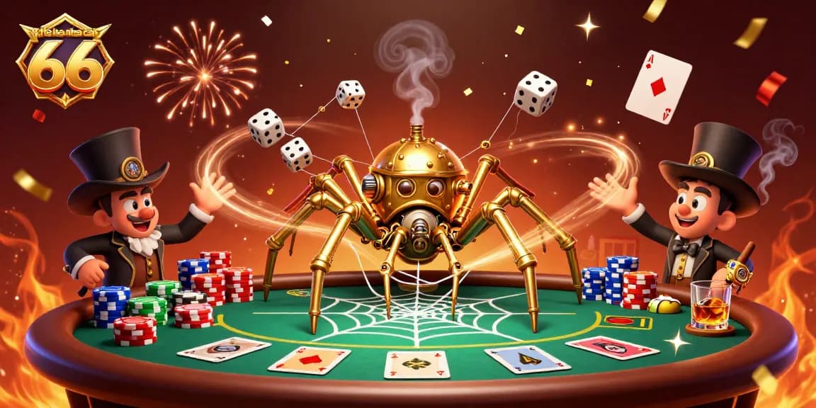 Engage with the ty le keo nha cai 66 illustrated scene of a steampunk spider capturing dice amidst poker elements.