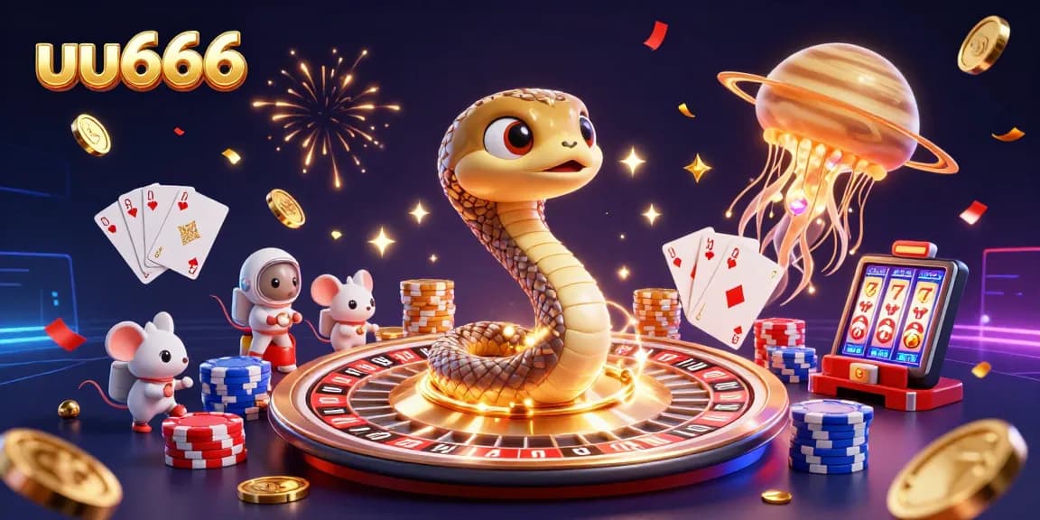 Experience thrilling bets at uu666 with cartoon characters and cosmic elements in a vibrant casino scene.