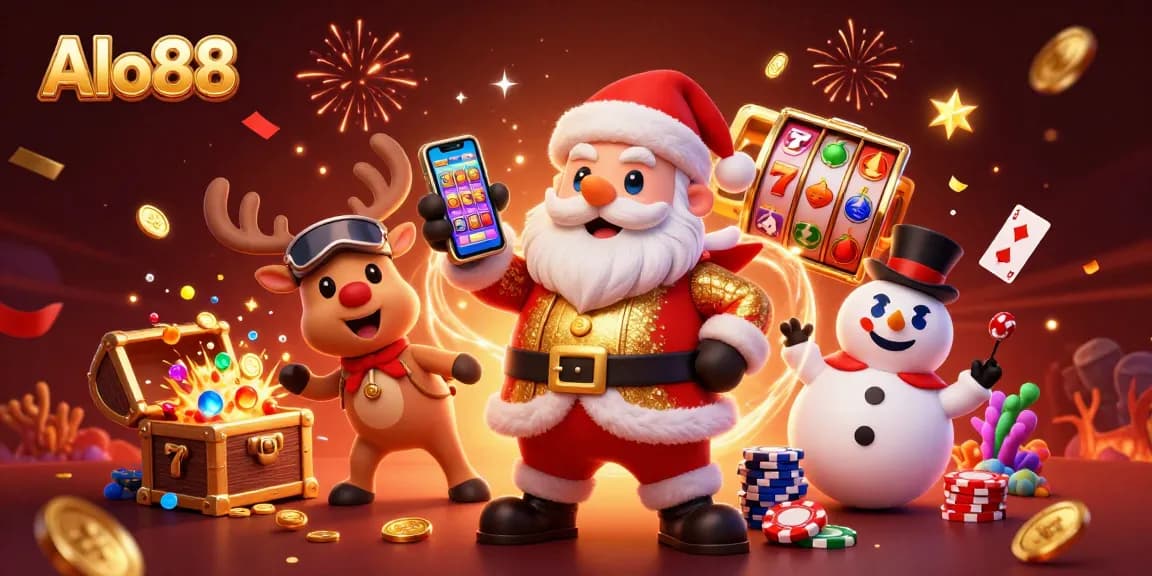Alo88 Jackpot slots featuring Santa Claus, reindeer, and snowman celebrating with casino elements