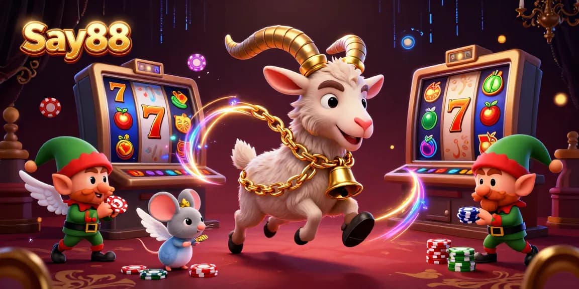 Experience excitement at Say88 with a festive Krampus goat managing a holiday casino scene filled with playful characters and thrilling elements.
