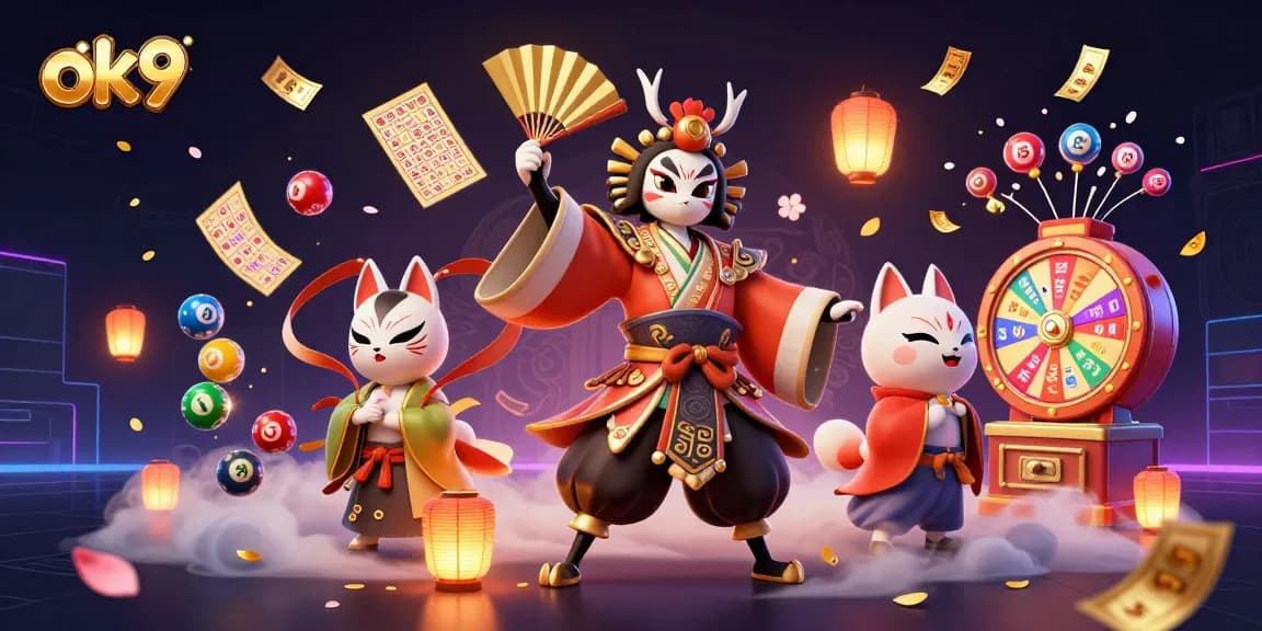 Experience the excitement of ok9 with vibrant lottery elements and a kabuki warrior in a dynamic casino scene.