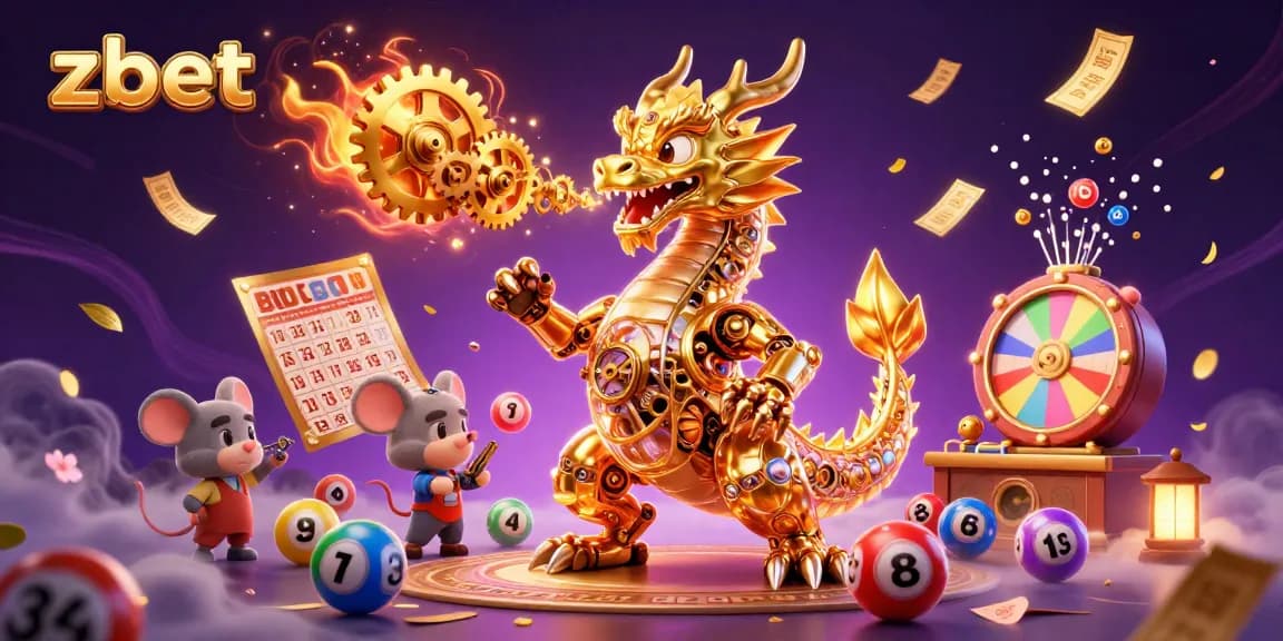 Experience zbet's dynamic gaming with a dragon, vibrant lottery elements, and casino excitement.